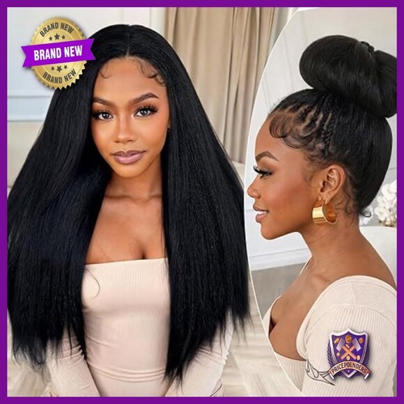 26 Inch Kinky Straight Synthetic Lace Front Wig 180% Density Light Yaki main image 4